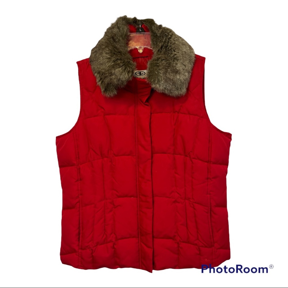 Red down and feather vest. Faux fur removable collar.  Size large.
